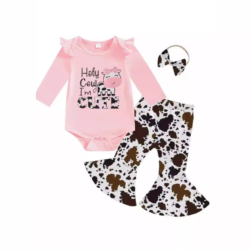 Fresh Arrivals at Buy Center: Baby Girl Cartoon Animal Flower Bell-bottom Pants Long Sleeve Headdress Three-piece Set