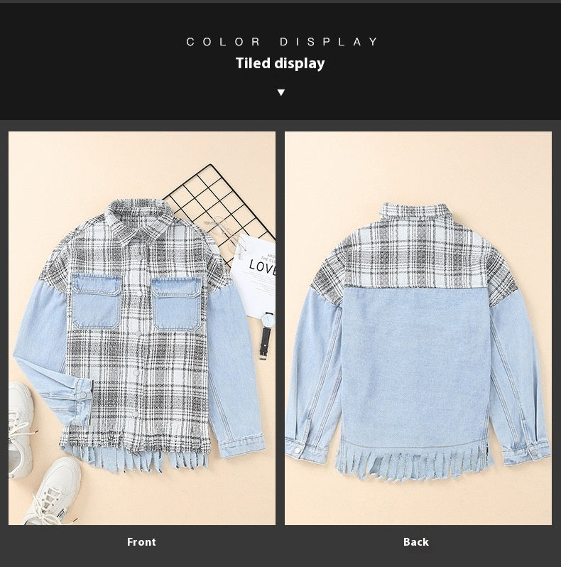 Trending Now at Buy Center: Women's Plaid Patchwork Tassel Flap Pocket Denim Jacket