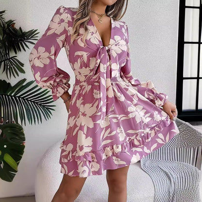 Trending Now at Buy Center: New Floral Printed V-Neck Long Sleeve Dress Fashion Ruffles Bowknot A-Line Short Dress Women's Clothing Light Purple