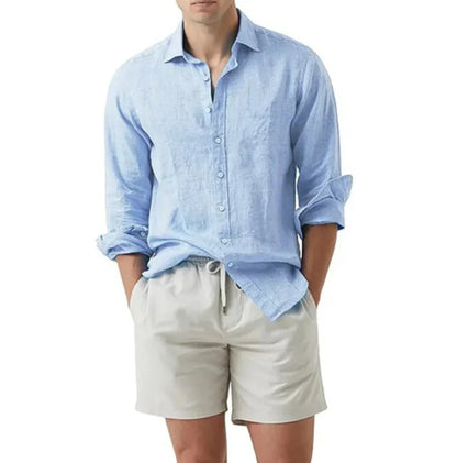 Hot New Items at Buy Center: Cotton And Linen Solid Color Youth Casual Cotton And Linen Lightweight Breathable Men's Shirt Sky Blue