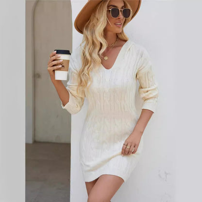 Hot New Items at Buy Center: Fashion V-Neck Hooded Long Sleeve Knit Dress Ins Solid Color Slim Waisted Hip Dress Womens Clothing White