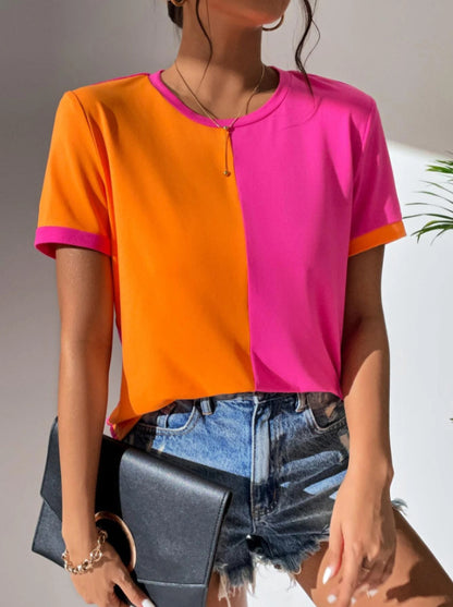 Just Arrived at Buy Center: Women's Color Matching Simple Casual All-match Round Neck Short Sleeve