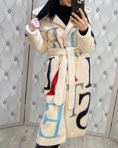 Hot New Items at Buy Center: Letter Fashion Women's Plus Size Printed Long Coat Beige