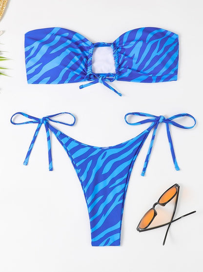 New Women's Fashion Bikini Striped Printed Swimsuit Blue Stripes