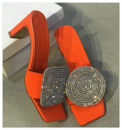 Buy Center Premium-Straw Woven Linen Genuine Leather Straight Drag Worn With Thick Heels Sandals Square Round Rhinestones Orange