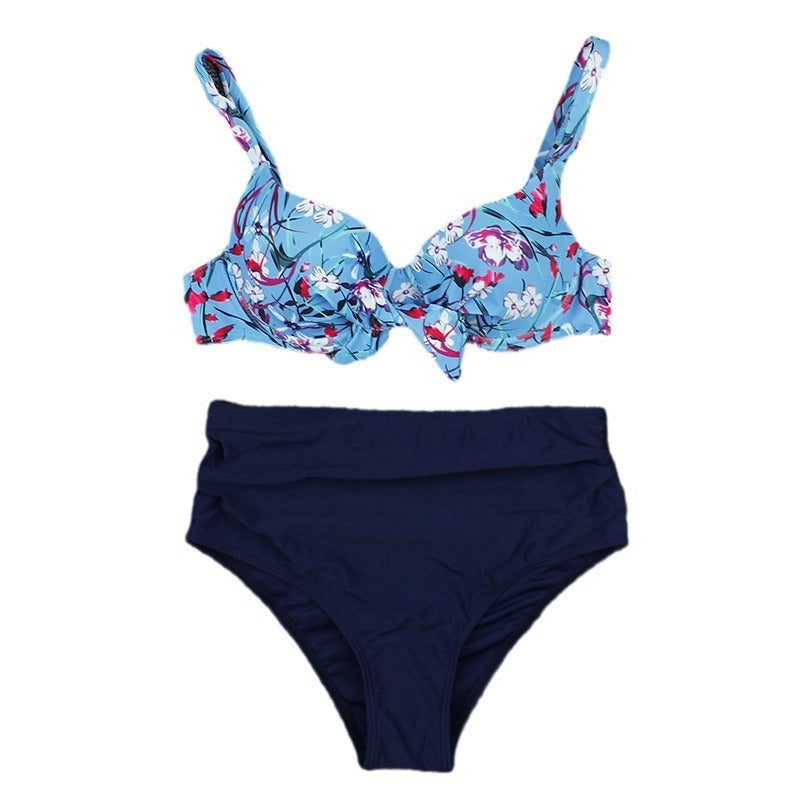 Buy Center Choice-Printed Hard Bag Solid Color High Waist Sexy Split Bikini Female