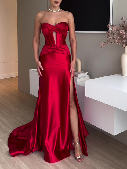 Tube Top Slit Red Extra Long Evening Dress | Women's Clothing-Weddings & Events-Eveni | Buy Center