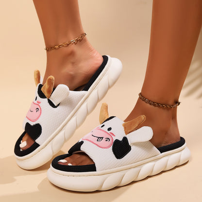 Buy Center Top Rated-Cute Cow Linen Shit Feeling Interior Non-slip Deodorant Outer Wear Platform Slippers