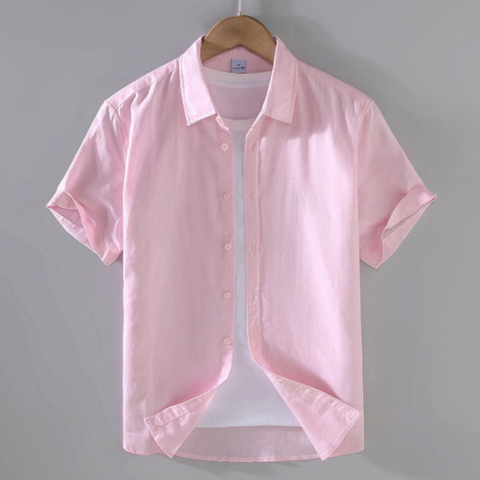 Men's Linen Short-sleeved Shirt Casual Loose Pink Short Sleeve