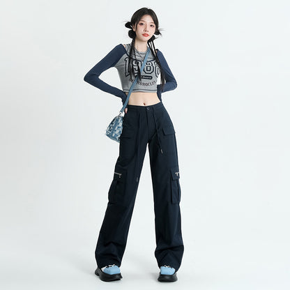 Hot New Items at Buy Center: American High Waist Straight Cargo Pants Loose Slimming Hot Girl Wide Leg Navy Blue Lengthened