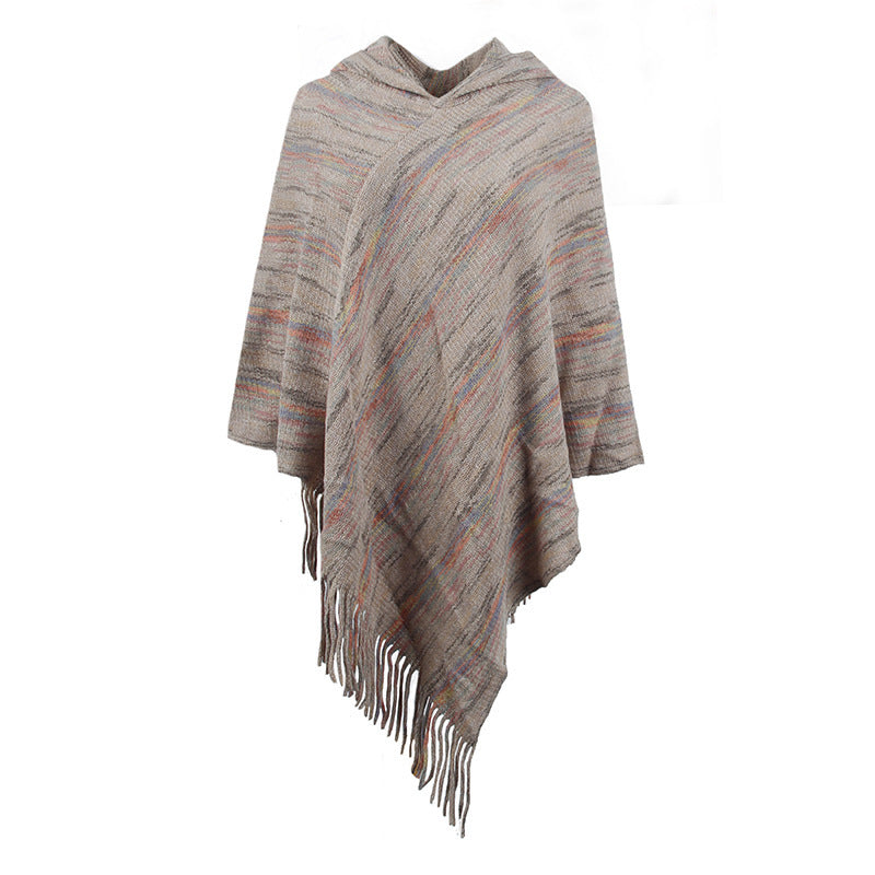 Hooded Striped Tassel Cape And Shawl Women Buy Center