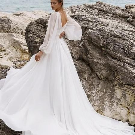 European And American High Waist Plus Size Deep V Long Sleeve Mopping Backless Wedding Dress High Slit Buy Center