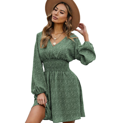 Fresh Arrivals at Buy Center: Polka Print Long Sleeve Dress V Neck Lantern Sleeve Pleated Waist Slim A-line Dress Women's Clothing Green