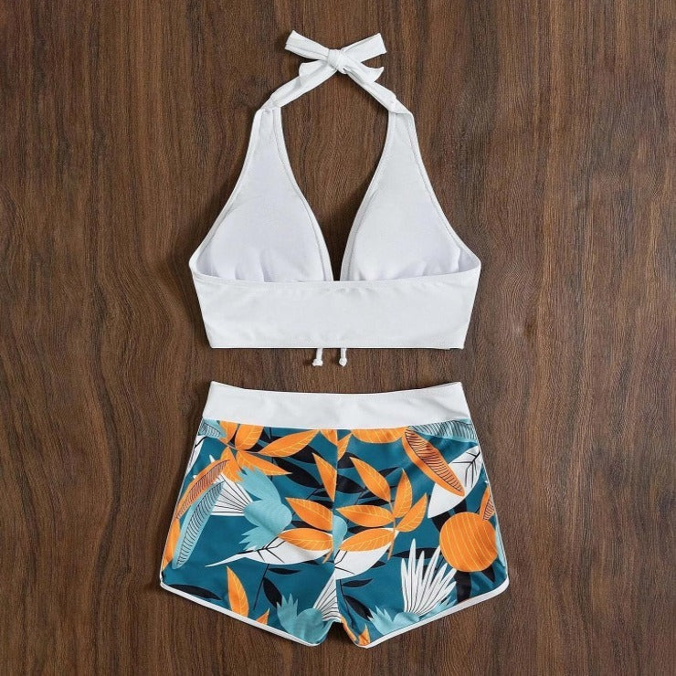 Fresh Arrivals at Buy Center: Solid Color Top Split Swimsuit Women's Leaf Print Boxers Strap