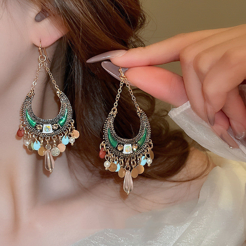 Bohemian Style Colorful Moon Sequined Tassel Earrings Buy Center