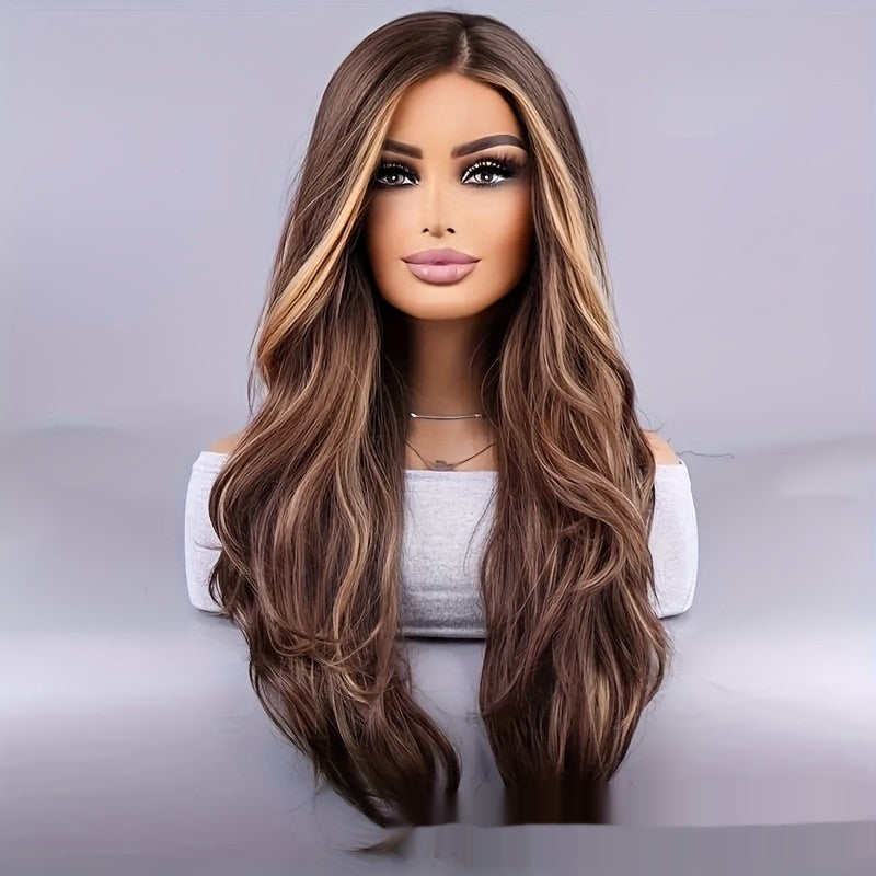 26-inch Elegant Women's Wig Brown Mixed Color Wavy Long Hair Synthetic Fiber Rose Mesh Cap Daily Wear Buy Center