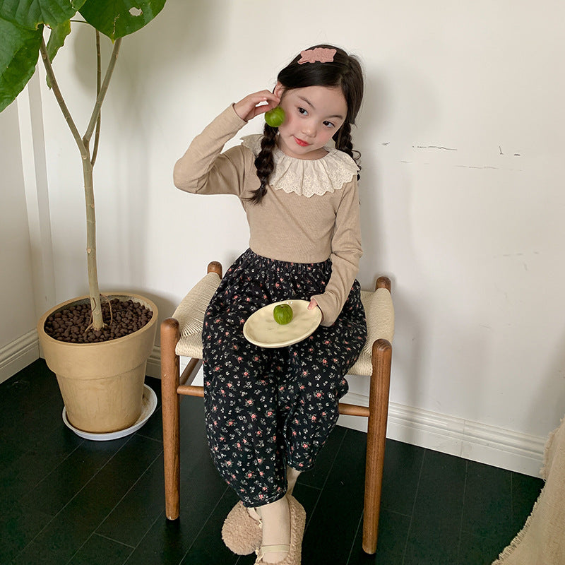 Newly Released at Buy Center: Girls' Soft Cashmere Sunken Stripe Lace Collar Bottoming Shirt Oat Beige Collar