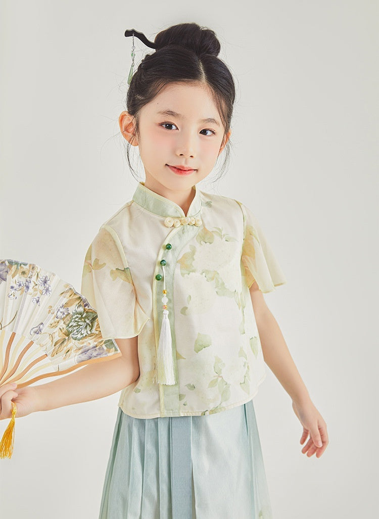 Fresh Arrivals at Buy Center: Girls Chinese Style Traditional Short Sleeve Horse-face Skirt Kids Clothes Two-piece Suit