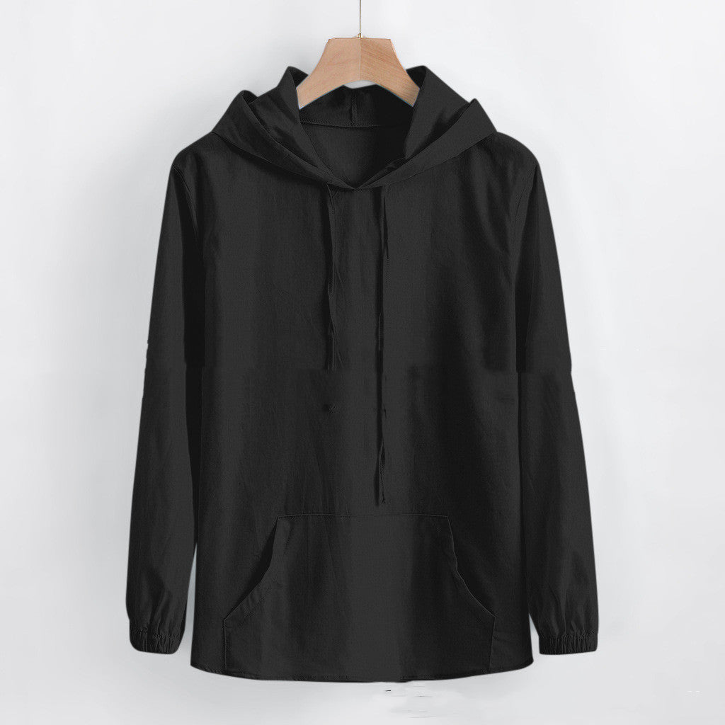 Fresh on the Scene at Buy Center: Men's Long-sleeved Hooded Cotton And Linen Shirt Black