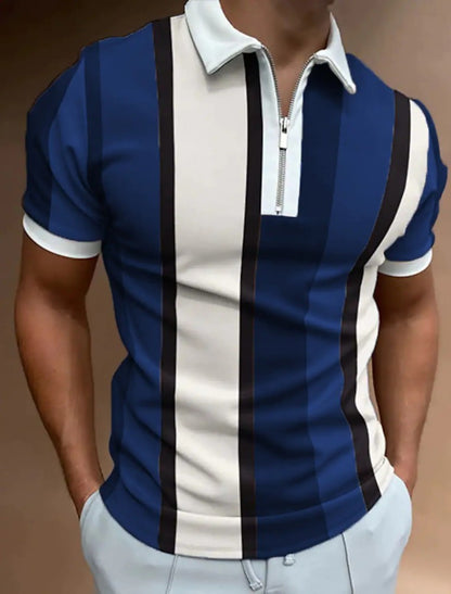 Fresh Arrivals at Buy Center: Men's Striped Short-sleeved Polo Shirt Slim Lapel Blue