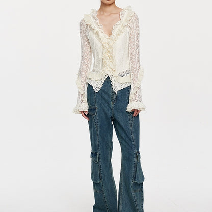 Fresh on the Scene at Buy Center: Lace Tie With Fungus Edge Long Sleeved Pullover