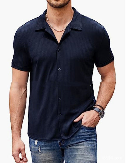 Just Arrived at Buy Center: Casual Collar Short Sleeve Polo Shirt With Button Men's Cotton Blend Shirt Navy Blue