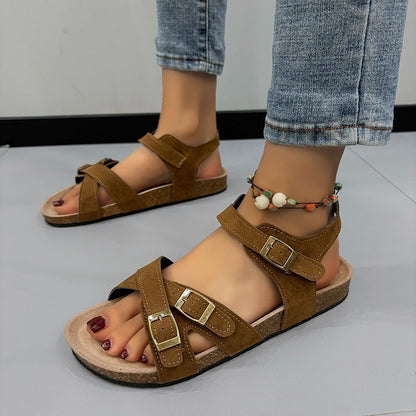 Just Arrived at Buy Center: Women's Belt Buckle Cross Strap Large Size Flat Bottom Casual Slippers Brown