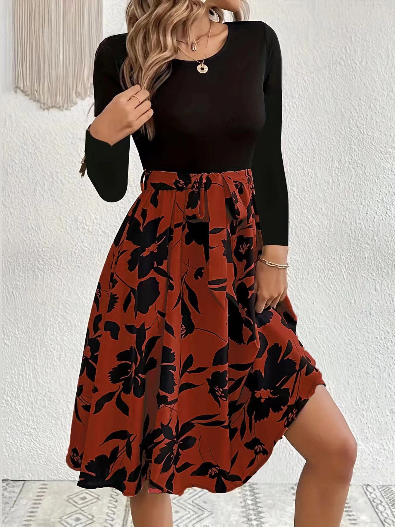 Fresh Arrivals at Buy Center: Floral Print Long Sleeve Dress Fashion Round Neck Tie Slim Dress Women's Clothing Wine Red