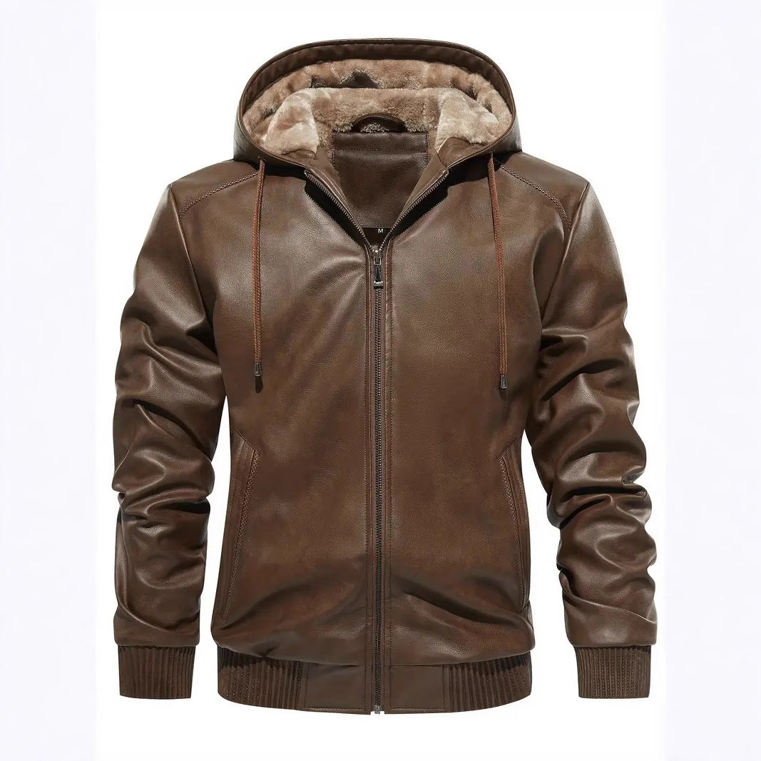 Winter Fleece-lined Men's Casual All-matching Hooded Leather Coat Coat Buy Center