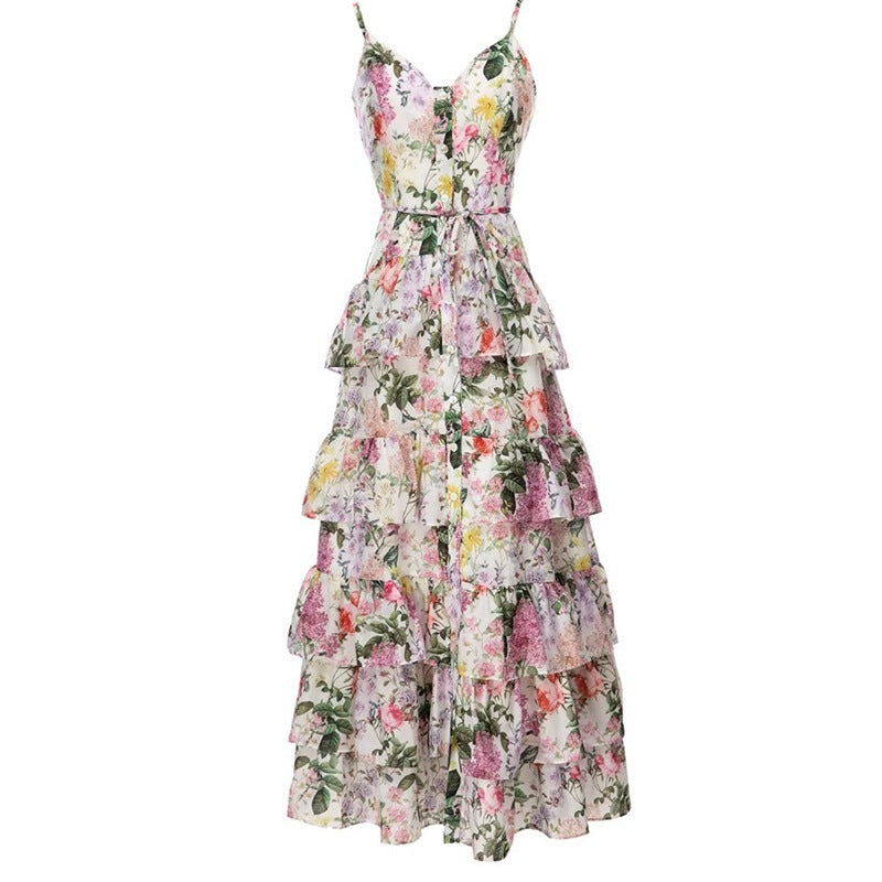 Buy Center Handpicked- New Elegant Single-breasted Spaghetti-strap Floral Print Ruffled Large Swing Dress