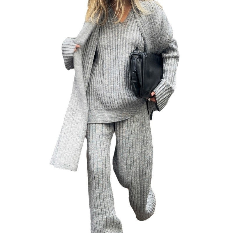 All-match V-neck Long-sleeved Sweater Trousers Suit With Scarf Buy Center