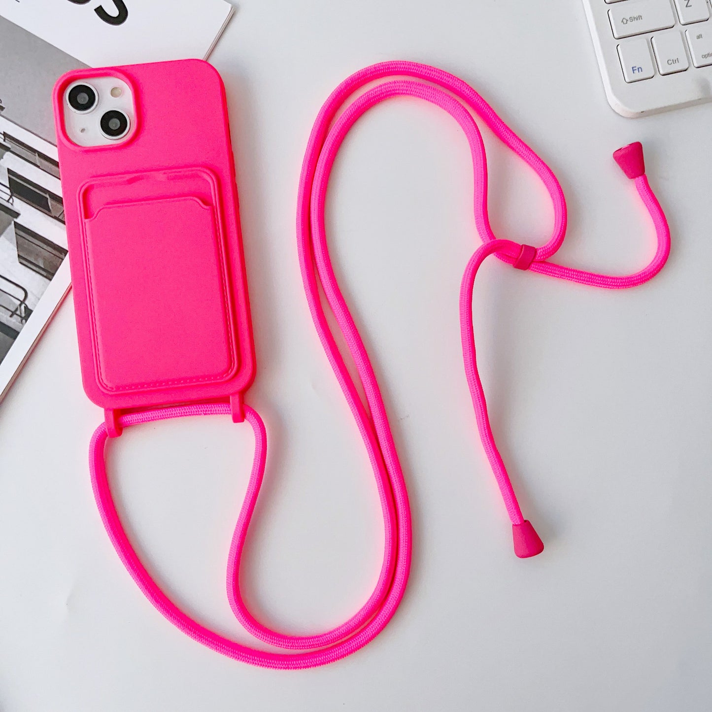 Hot New Arrivals at Buy Center: Integrated Card Holder Cross Body Lanyard Phone Case Silicone Color Protective Cover Rose Red