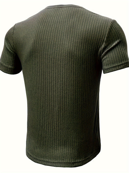 Solid Stripe Pattern Knit Short Sleeve T-shirt With Henley Neck, Chic And Stylish Sports Tops For Men's Summer Leisurewear And Outdoors Activities