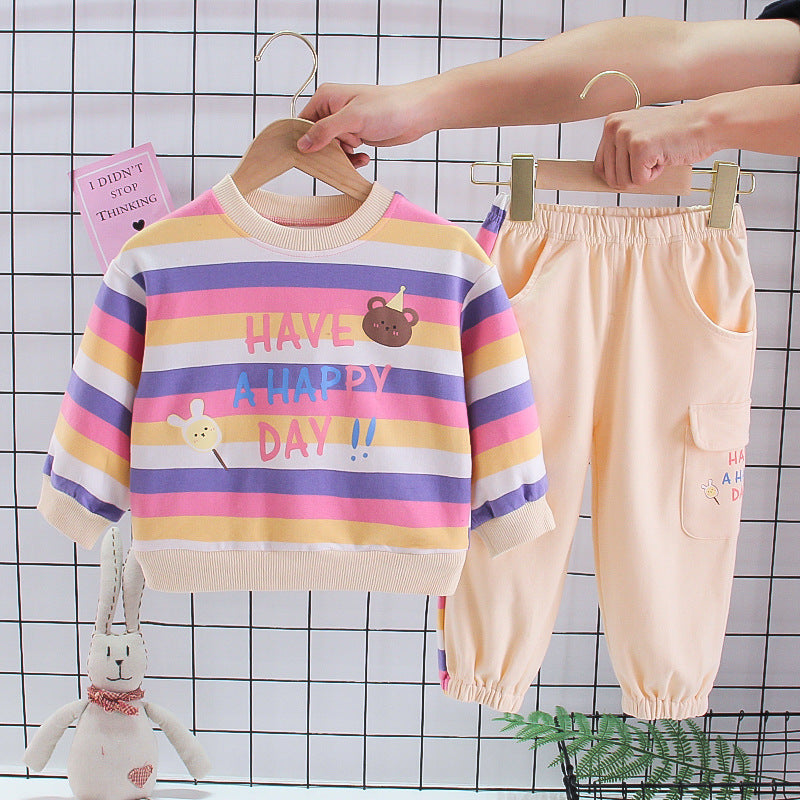 Fresh Arrivals at Buy Center: Baby Color Stripes Cartoon Bear Long Sleeve Two-piece Set Color Stripes Bear Rose Red