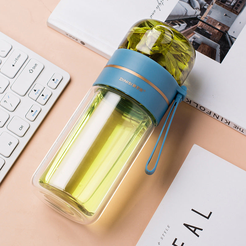 Glass Water Bottle With Tea Infuser Filter Tea Separation Double Wall Glass Bottle Leakproof Water Bottle Blue 400ml