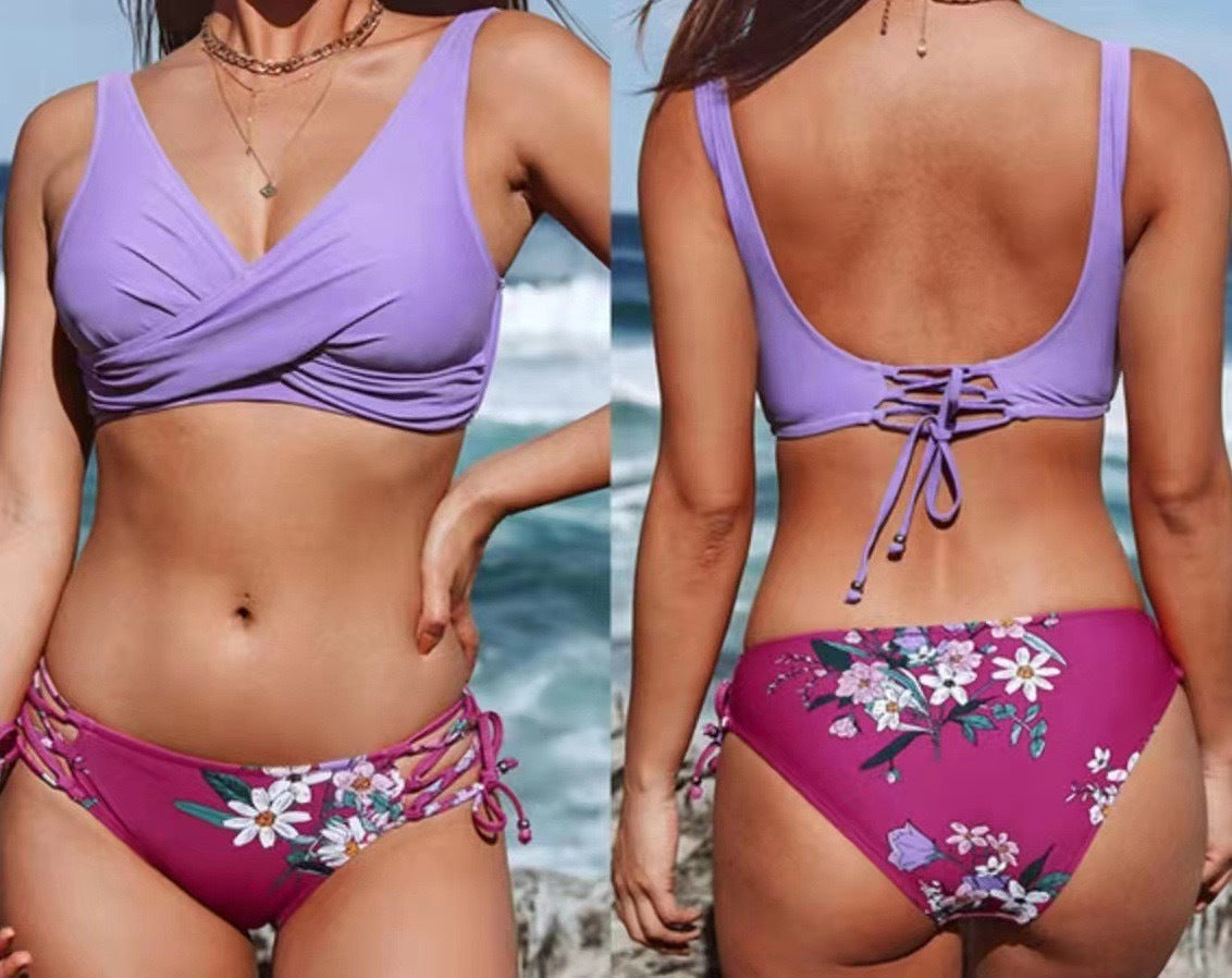 Newly Arrived at Buy Center: Sexy Halter Bikini Women's Split Lace-up Swimsuit Light Purple