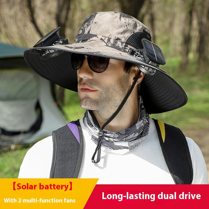 Newly Released at Buy Center: Removable Solar Energy Recharge Fan Embedded Big Brim Hat Khaki Ink Painting Adjustable