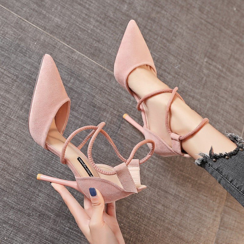 Buy Center Top Rated-Pointed High Heel Shoes Elegant Cross Lace-up Shoes Suede Pink 9cm