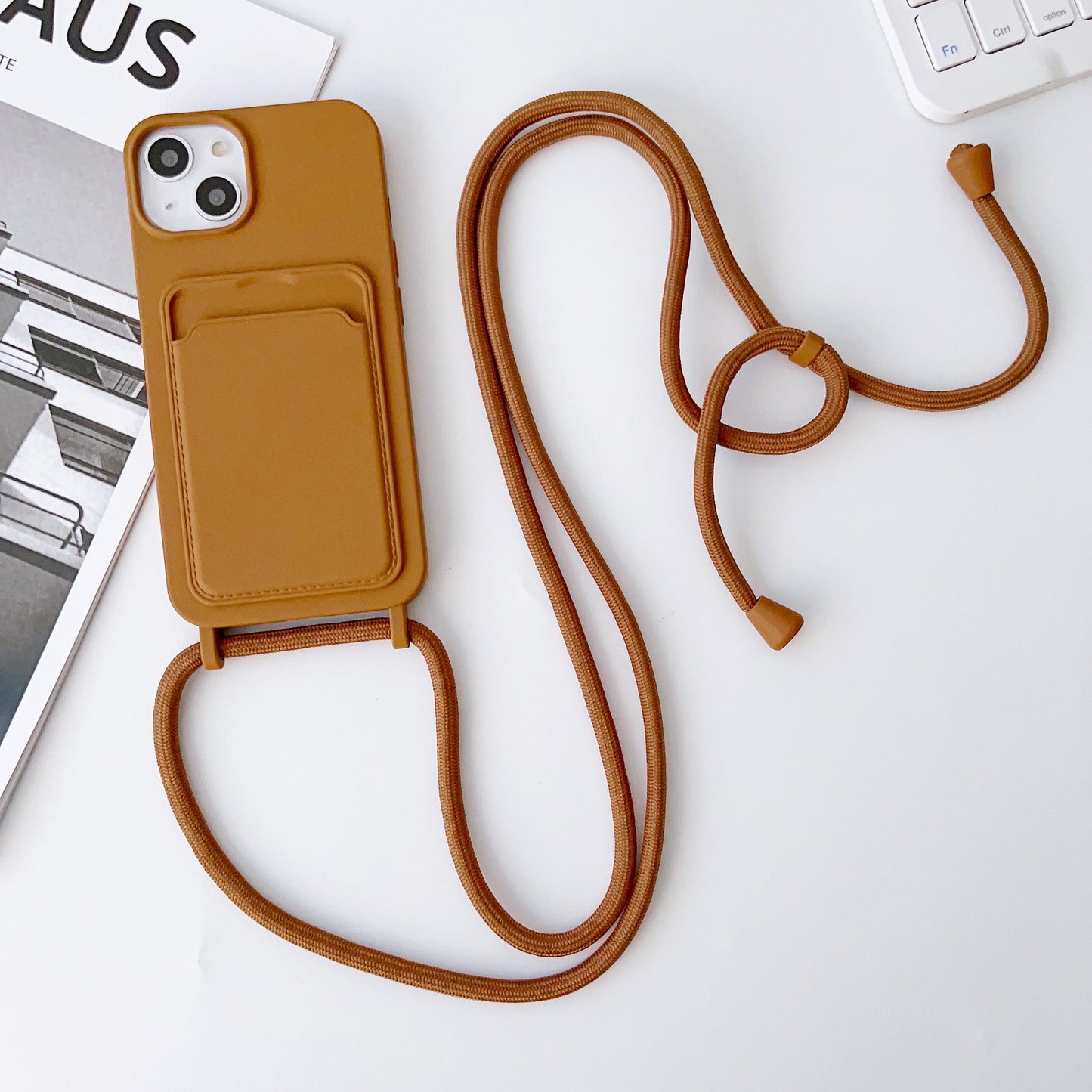 Hot New Arrivals at Buy Center: Integrated Card Holder Cross Body Lanyard Phone Case Silicone Color Protective Cover Caramel Color