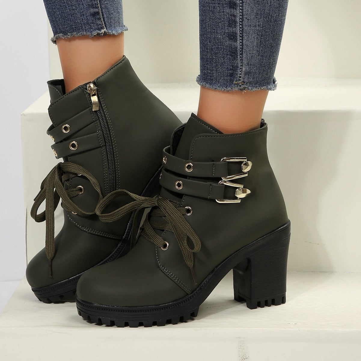 Autumn Round Head Chunky Heel High Heel Leisure Platform Lace Up Booties Buy Center