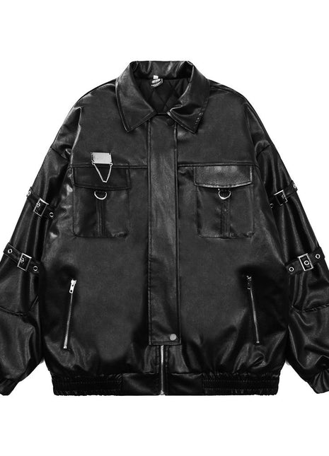 Lace-up Design Sense Motorcycle Clothing Leather Coat Men's Rock Loose PU Leather Jacket