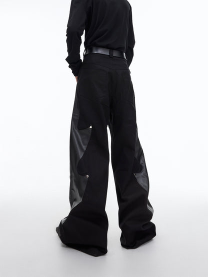 Niche Structured Leather Patchwork Flame Rivet Trousers