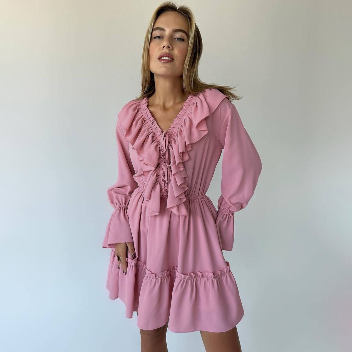 Hot New Items at Buy Center: Fashion V Neck Pleated Ruffle Long Sleeve Dress Y2K V Neck Flared Sleeve Short Dress Women's Clothing Pink