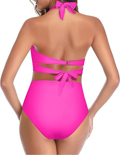 New Split Bow Bikini Seaside Vacation Swimwear Rose Red