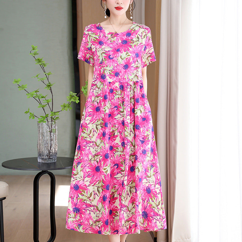 Buy Center Hot Pick-Casual Extra Large Size Cotton Silk Mother Loose Dress Women Dark Pink