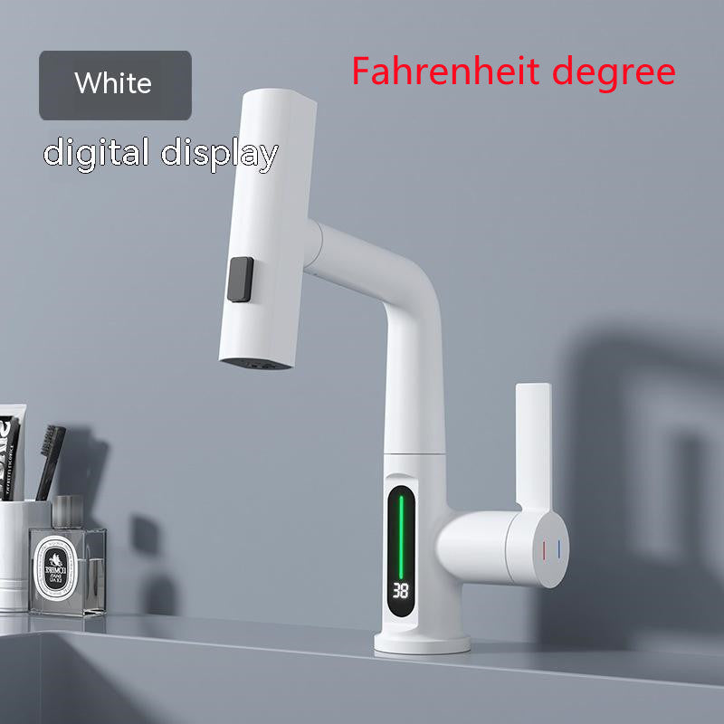 Intelligent Digital Display Faucet Pull-out Basin Faucet Temperature Digital Display Rotation White Fahrenheit display