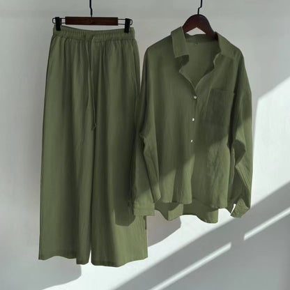 Buy Center Hot Pick-Cross-border Women's Ancient Cotton And Linen Shirt Outfit High Waist Loose Trousers Green