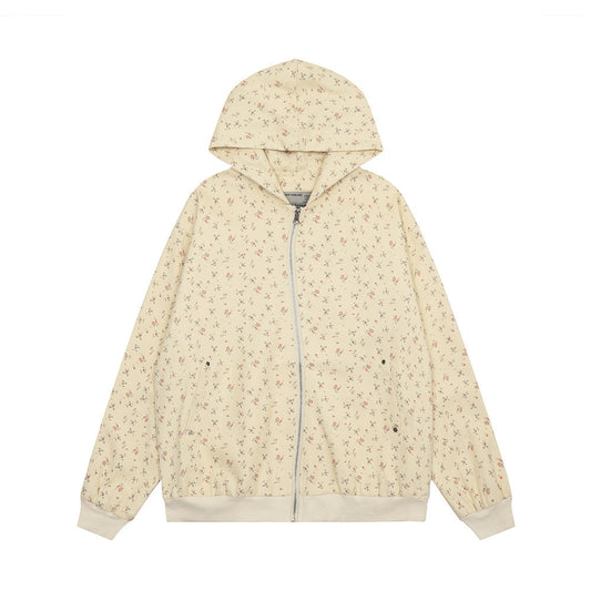 Now Available at Buy Center: Men's Loose Floral Design Irregular Zipper Hoodie Coat Yellow