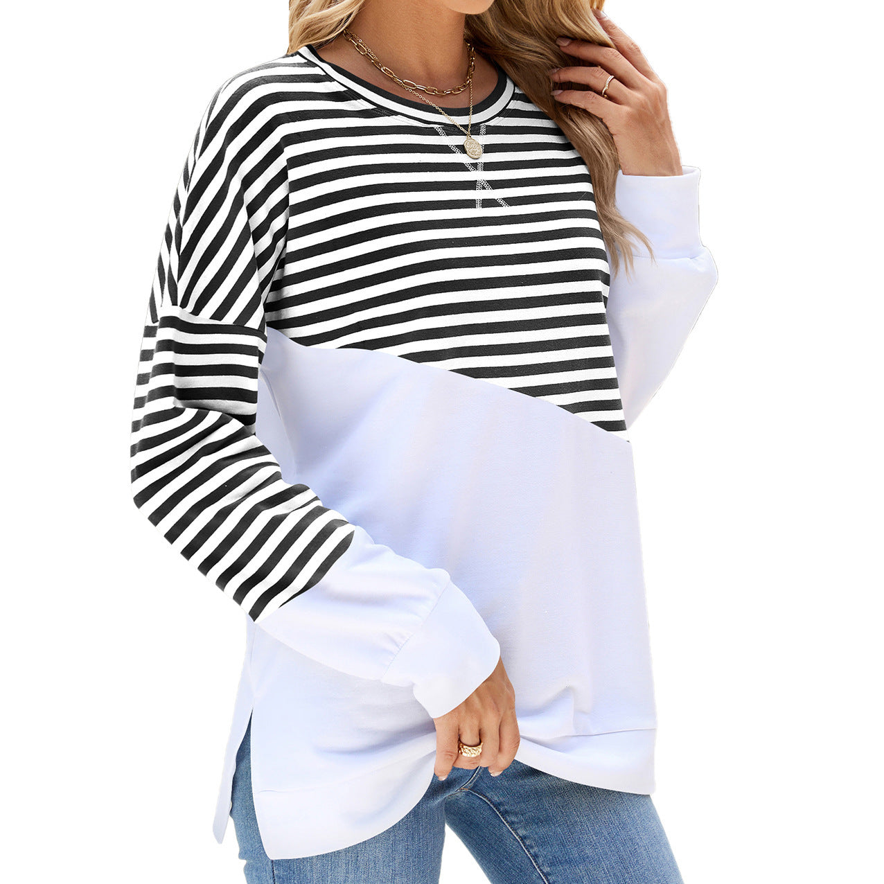 Newly Released at Buy Center: Striped Printed Long Sleeve T Shirt Fashion Casual Round Neck Pullover Split Design Women's Clothing Black White