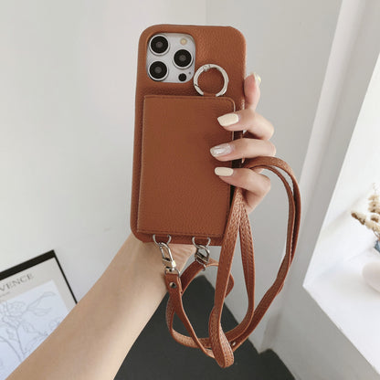 Lychee Pattern Left And Right Open Beauty Mirror Lanyard Phone Case Brown